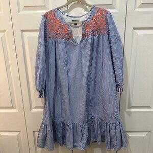 J Crew Blue/White Stripe Embroidered Leda Popover Dress